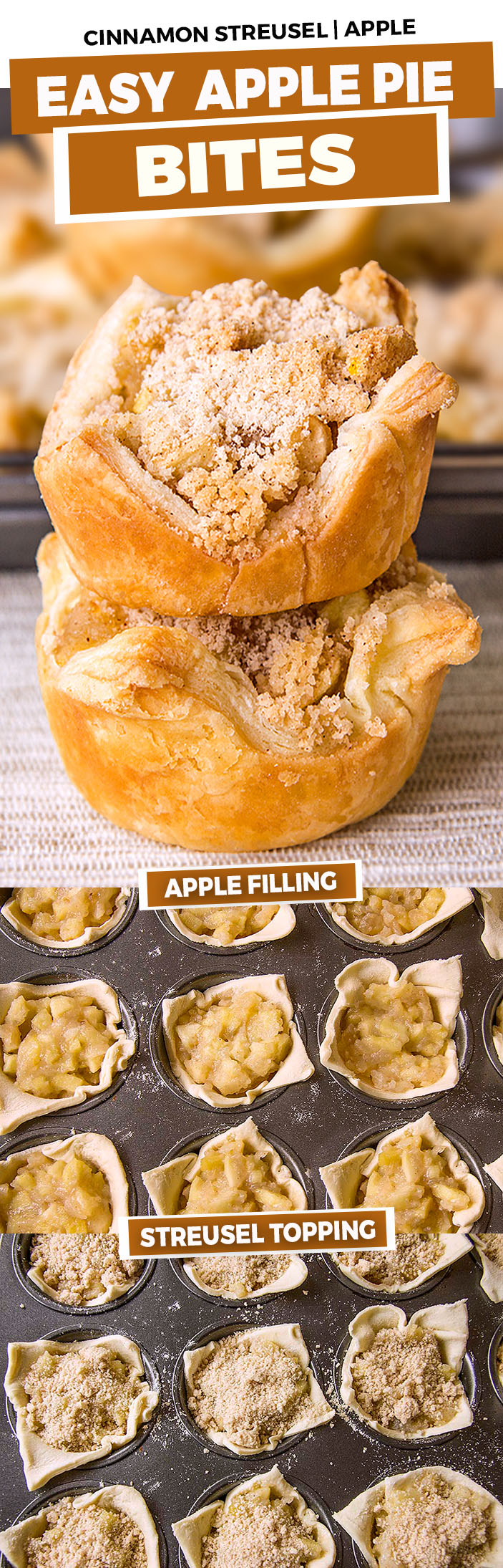 Delicious apple pie bites prepared with crescent rolls, apple pie filling and cinnamon streusel . An easy dessert in under 30 minutes!