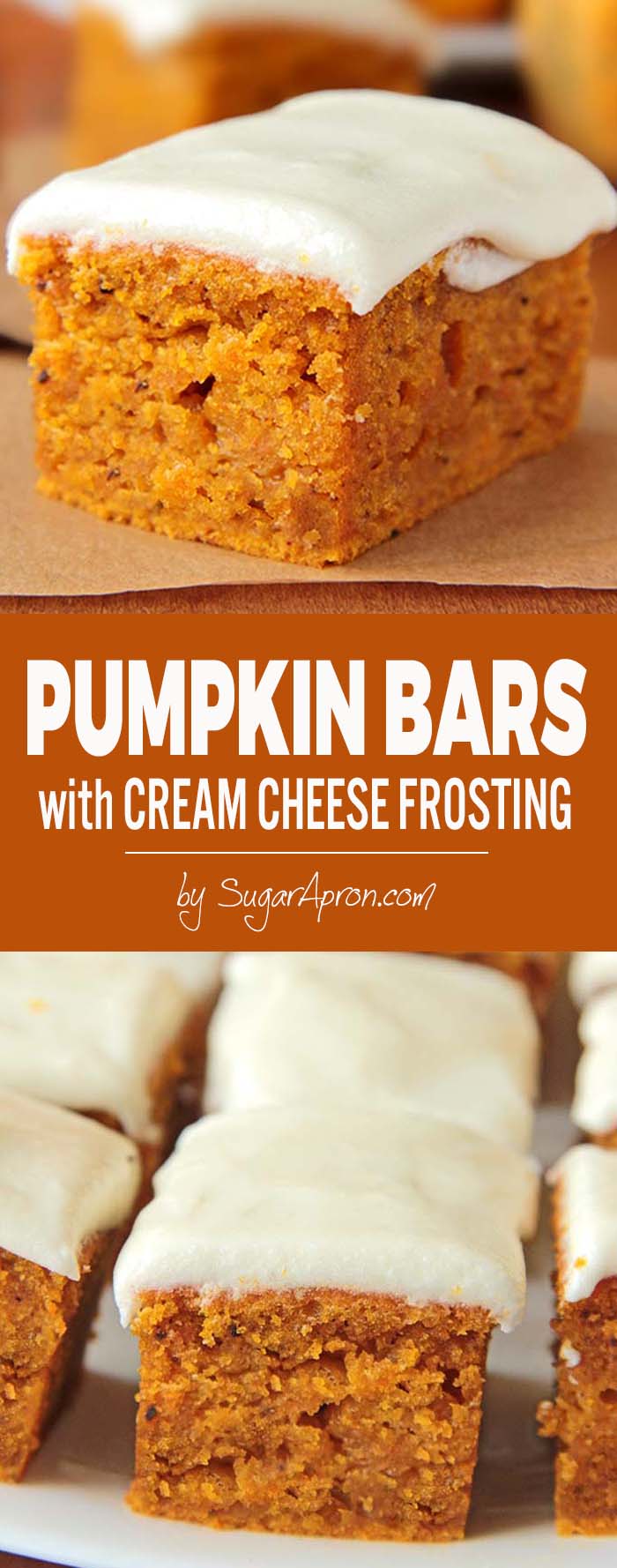 A perfect fall dessert, delicious pumpkin bars with cream cheese frosting.