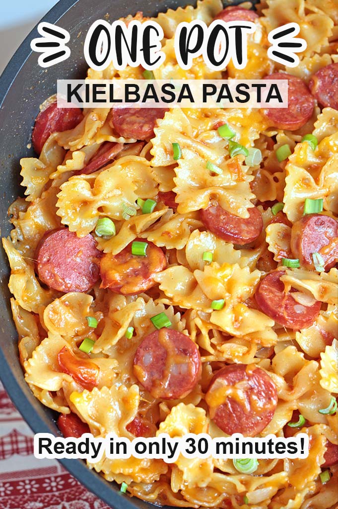 It’s a cheesy pasta dish with Kielbasa sausage and garnished with chopped scallions. Enjoy! #pasta #onepot #kielbasa #dinner
