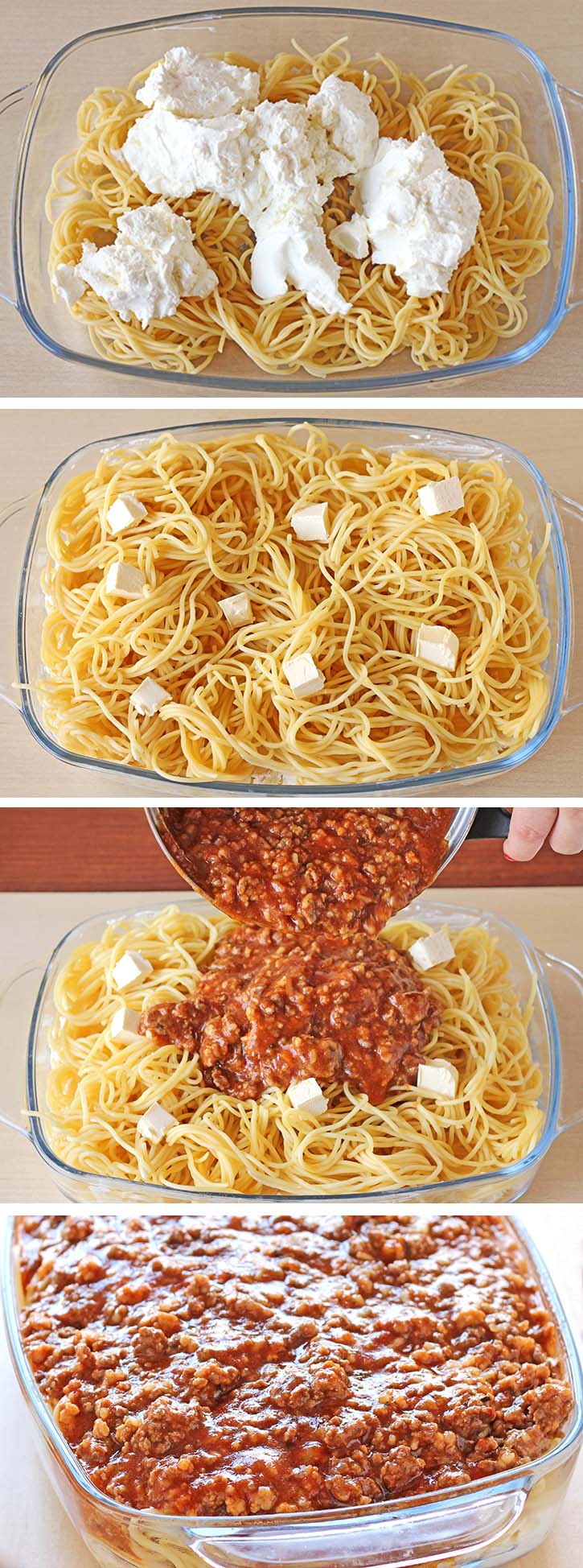 Spaghetti, spaghetti sauce, beef and cream cheese mixture meal ... that tastes like a million bucks.