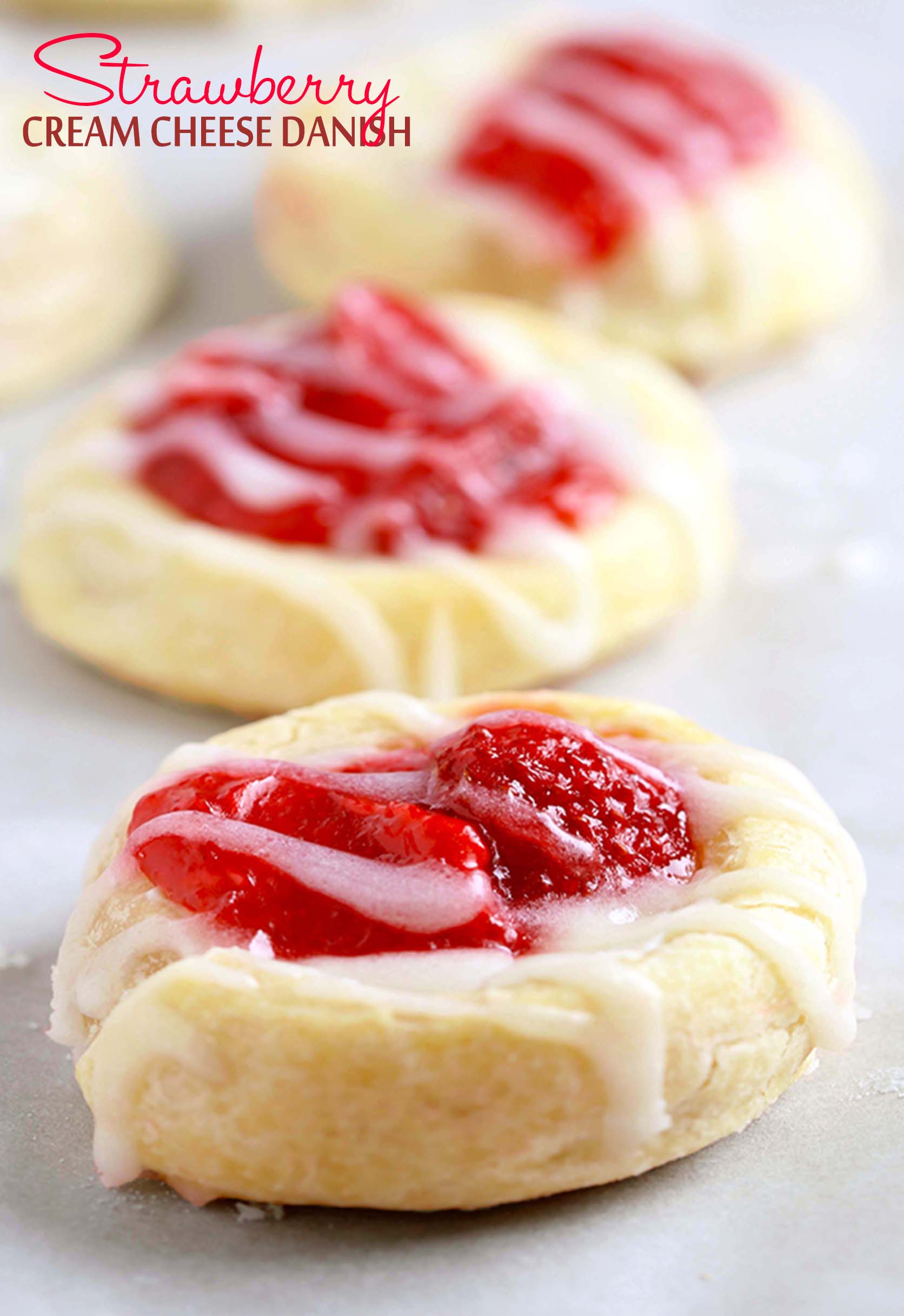 Who can resist flaky crescent rolls combined with a sweet cream cheese and strawberry filling? These strawberry cream cheese danish are so addictive!