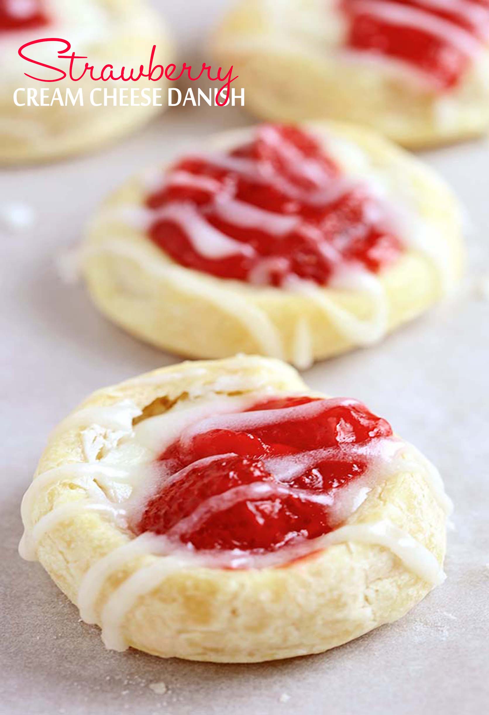Who can resist flaky crescent rolls combined with a sweet cream cheese and strawberry filling? These strawberry cream cheese danish are so addictive!