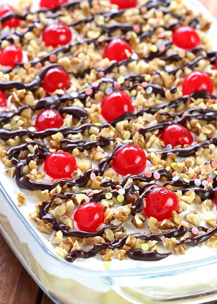 Delicious, rich and creamy, with all the ingredients you love in a banana split, this no-bake Banana Split dessert will be one you make again and again.