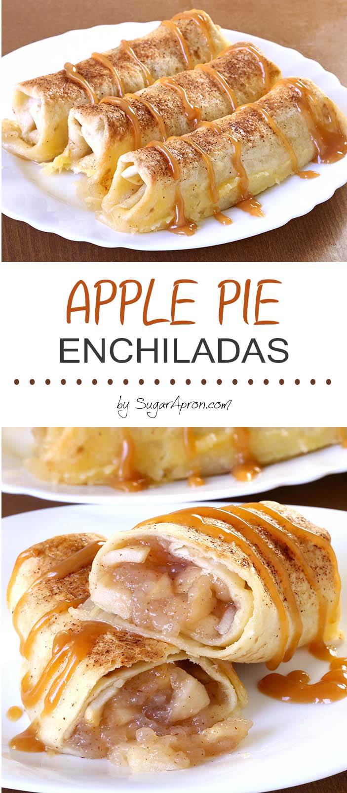Baked Apple Pie Enchiladas give you all the cinnamony goodness of hot apple pie stuffed securely into a tortilla and drizzled with caramel sauce...