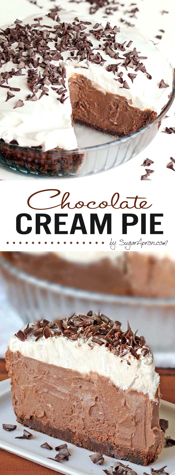 A chocolate graham crust, a decadent chocolate cream filling, a fresh whipped cream. Classic Chocolate Cream Pie.