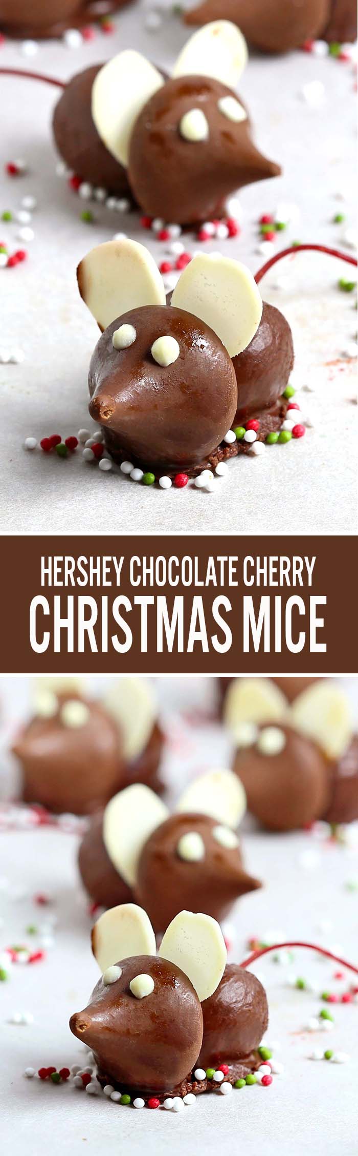 These fun Chocolate Cherry Christmas Mice made from chocolate covered cherries with almond slices and Hershey’s Kisses, are a great addition to your Christmas table.