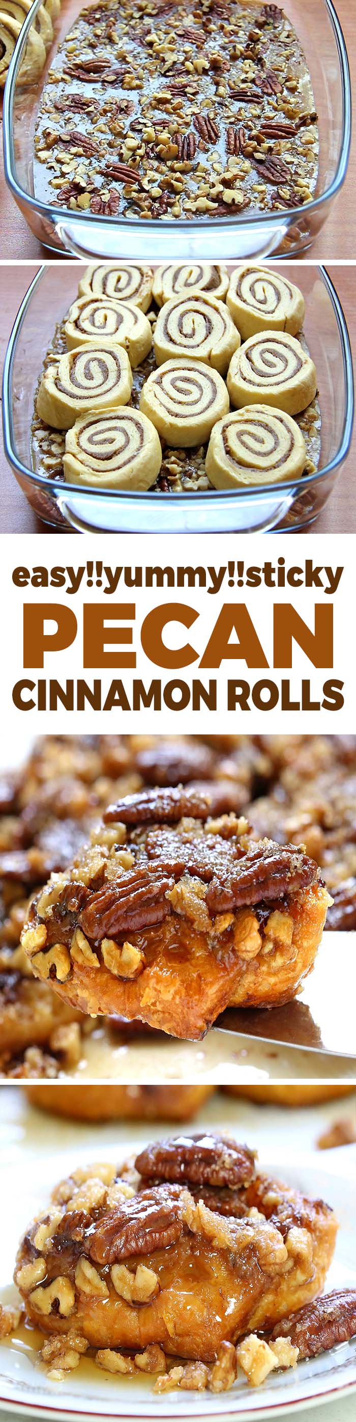 Caramel Pecan Cinnamon Rolls are made easier with refrigerated cinnamon rolls, and simple caramel sauce that goes into the bottom of your pan, along with pecans.