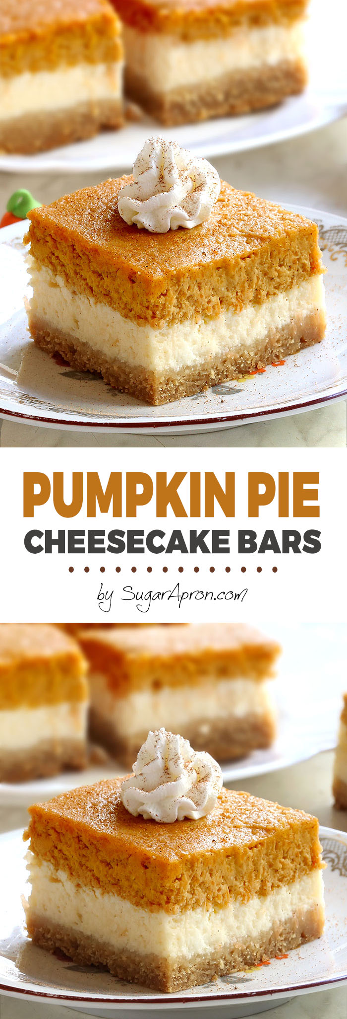 Pumpkin Pie Cheesecake Bars are everything you love about spiced pumpkin pie and tangy cheesecake, just packed into one sweet dessert. And let me tell you.....they’re absolutely delicious!!