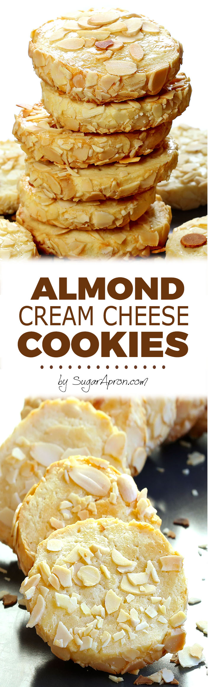 Buttery melt-in-your-mouth sugar cookies with the tang of cream cheese and garnished with slivered almonds.