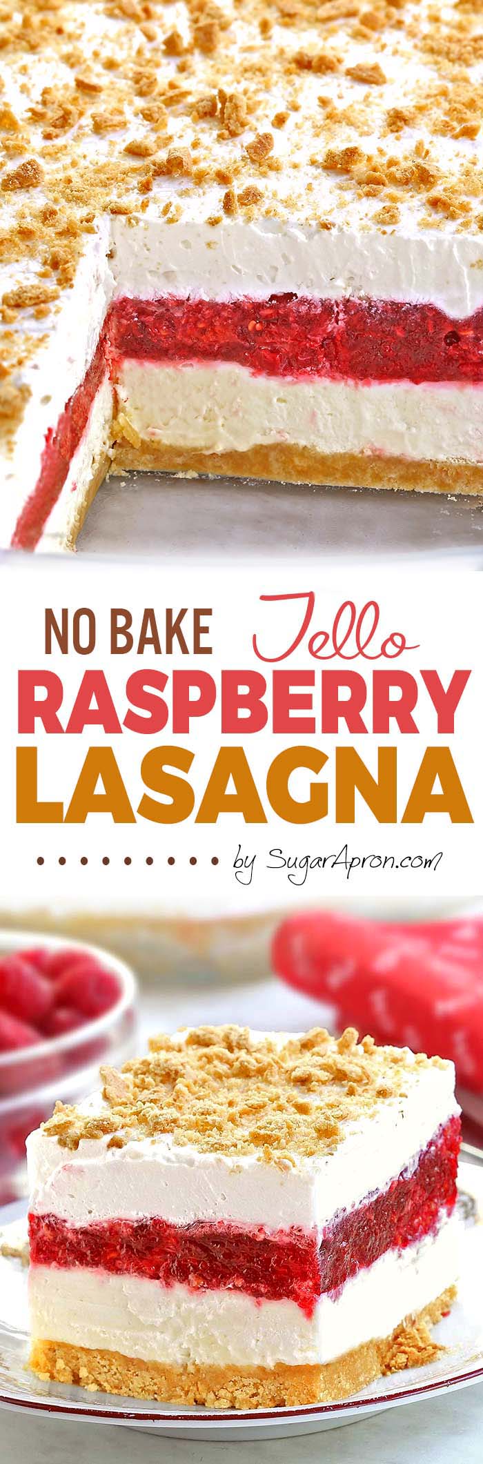 No Bake Raspberry Jello Lasagna - A light and easy dessert that is perfect for spring/summer gatherings.