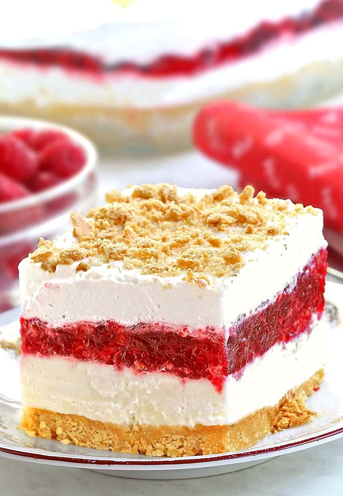 No Bake Raspberry Jello Lasagna - A light and easy dessert that is perfect for spring/summer gatherings.