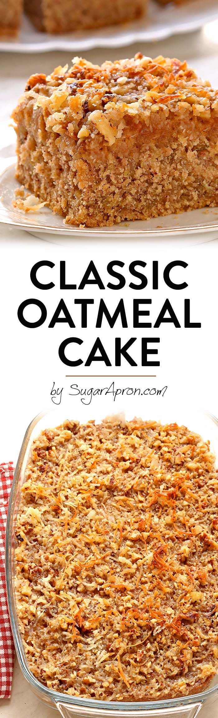Classic Oatmeal Cake is an soft, delicately spiced old-fashioned cake made with rolled oats and a delicious caramelized coconut pecan topping. 