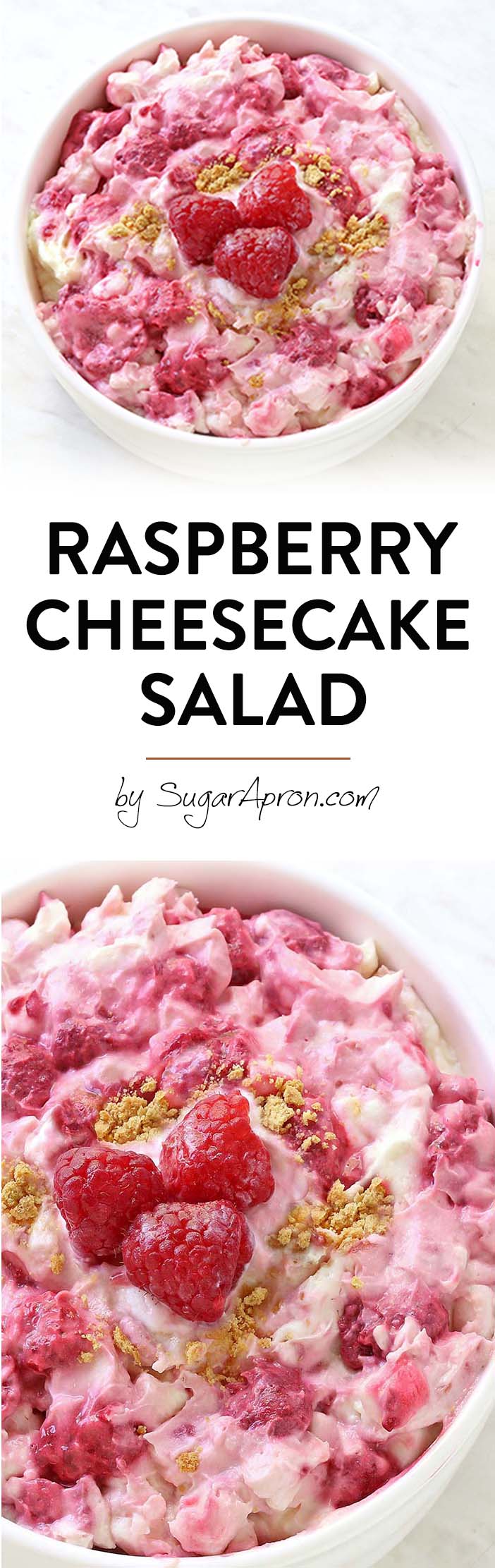 This isn’t any old Fluff Salad recipe – it’s a Raspberry Cheesecake Salad! This easy no-bake dessert salad is full of raspberries and graham crackers and is the perfect alternative to traditional fluff salad.