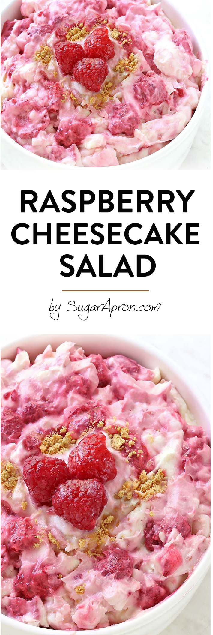 This isn’t any old Fluff Salad recipe – it’s a Raspberry Cheesecake Salad! This easy no-bake dessert salad is full of raspberries and graham crackers and is the perfect alternative to traditional fluff salad.