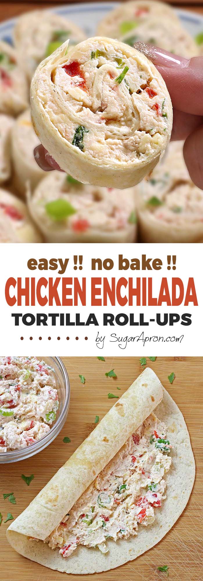 Chicken Enchilada Tortilla Roll Ups are a simple and fun bite sized spin on ever popular chicken enchiladas! A great appetizer recipe, easy to make ahead, easy to serve, perfect for game day party !