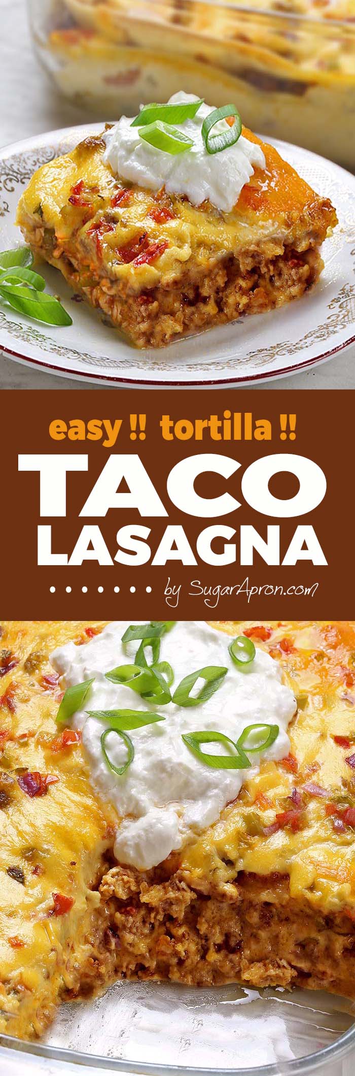 Need an easy recipe to feed a crowd? Taco Lasagna is layered casserole with tortillas, taco seasoned ground beef, pico de gallo sauce or salsa and cheese. Perfect for busy nights!