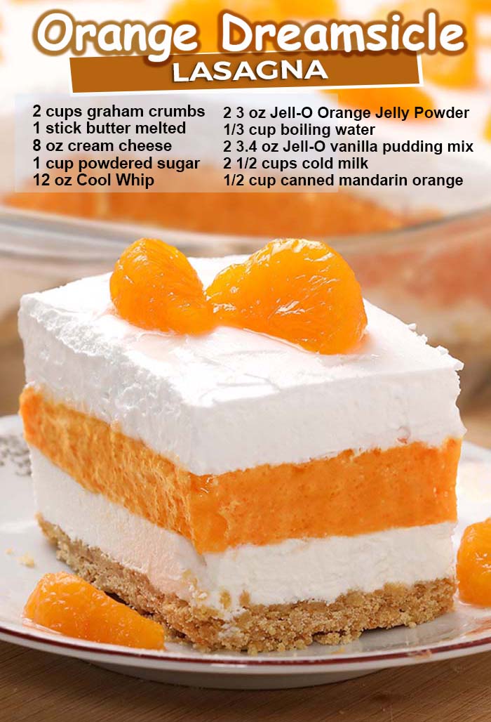 Your favorite childhood ice cream treat becomes a refreshing and creamy potluck dessert. Orange Dreamsicle Lasagna will be the perfect addition to your Easter, Mother’s Day menu or any spring/summer gatherings.