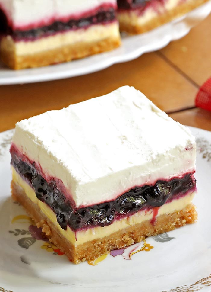  Blueberry Cheesecake Dessert with a light and creamy cheesecake topped with blueberry pie filling and whipped cream would be a perfect summertime treat for your family.