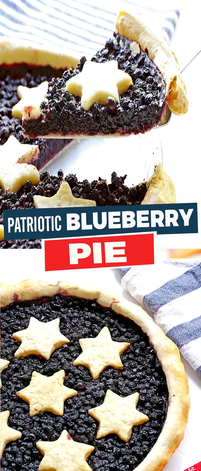 Simple, classic blueberry pie! With a homemade crust and patriotic decorations. Perfect for the summer season, or any of your fun patriotic parties and activities.