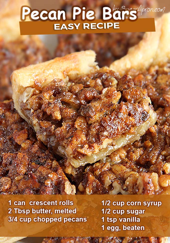 Pecan pie in a bite size bar! Crescent roll dough makes this pecan bar recipe simple and quick to prepare.