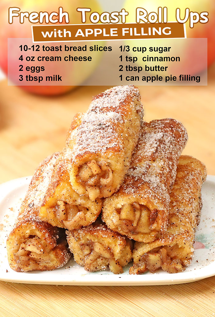 Apple Pie French Toast Roll Ups - Perfect grab-and-go breakfast or snack. Tasty apple pie filling rolled inside the slice of bread, fried until golden brown and coated with cinnamon-sugar 