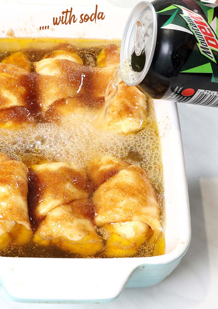 Peach Dumplings are an easy dessert made with peaches, crescent dough, a brown sugar butter sauce, and soda.