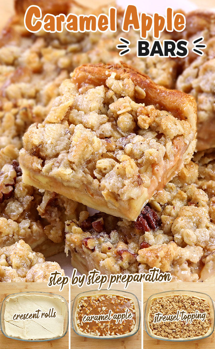 Caramel Apple Pie Bars are the perfect dessert: a Crescent dough crust with tender, warmly spiced, caramel-flavored apples and nutty crumble topping. They're great for Thanksgiving and Christmas and are an excellent alternative to Apple Pie!