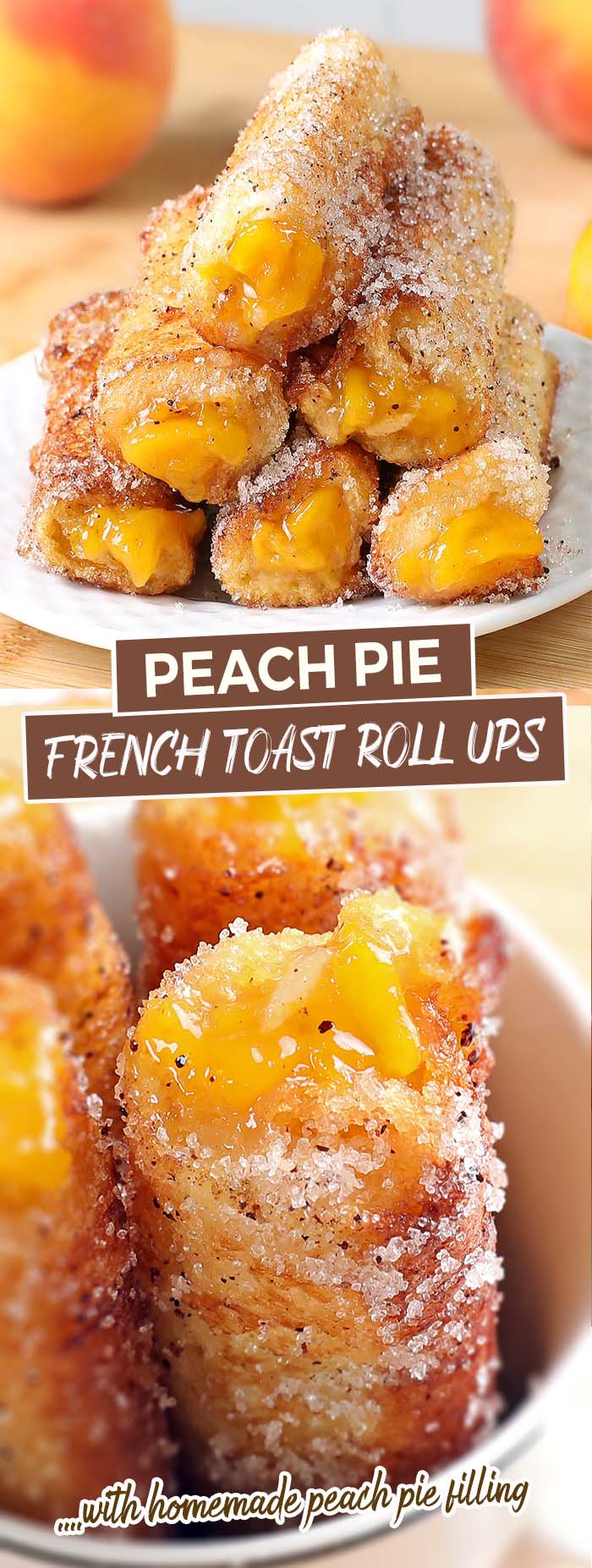 Tasty peach pie filling rolled inside the slice of bread, fried until golden brown and coated with cinnamon-sugar mixture. These delicious Peach Pie French Toast Roll-Ups are a creative breakfast treat for any day of the week!