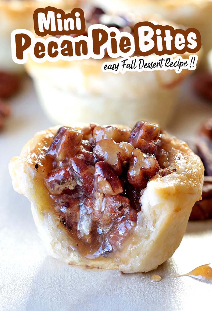 Delicious Mini Pecan Pie Bites is a quick and easy fall recipe full of gooey pecan filling and buttery crust. Perfect for Thanksgiving or Halloween and can be made ahead of time!