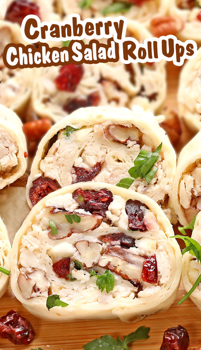 Enjoy easy-to-make Cranberry Pecan Chicken Salad in Tortilla Roll-Ups, Wraps, sandwiches, or straight out of the bowl for a dinner or holiday menu, especially Thanksgiving or Christmas. This is a terrific recipe for using up leftover chicken or turkey.