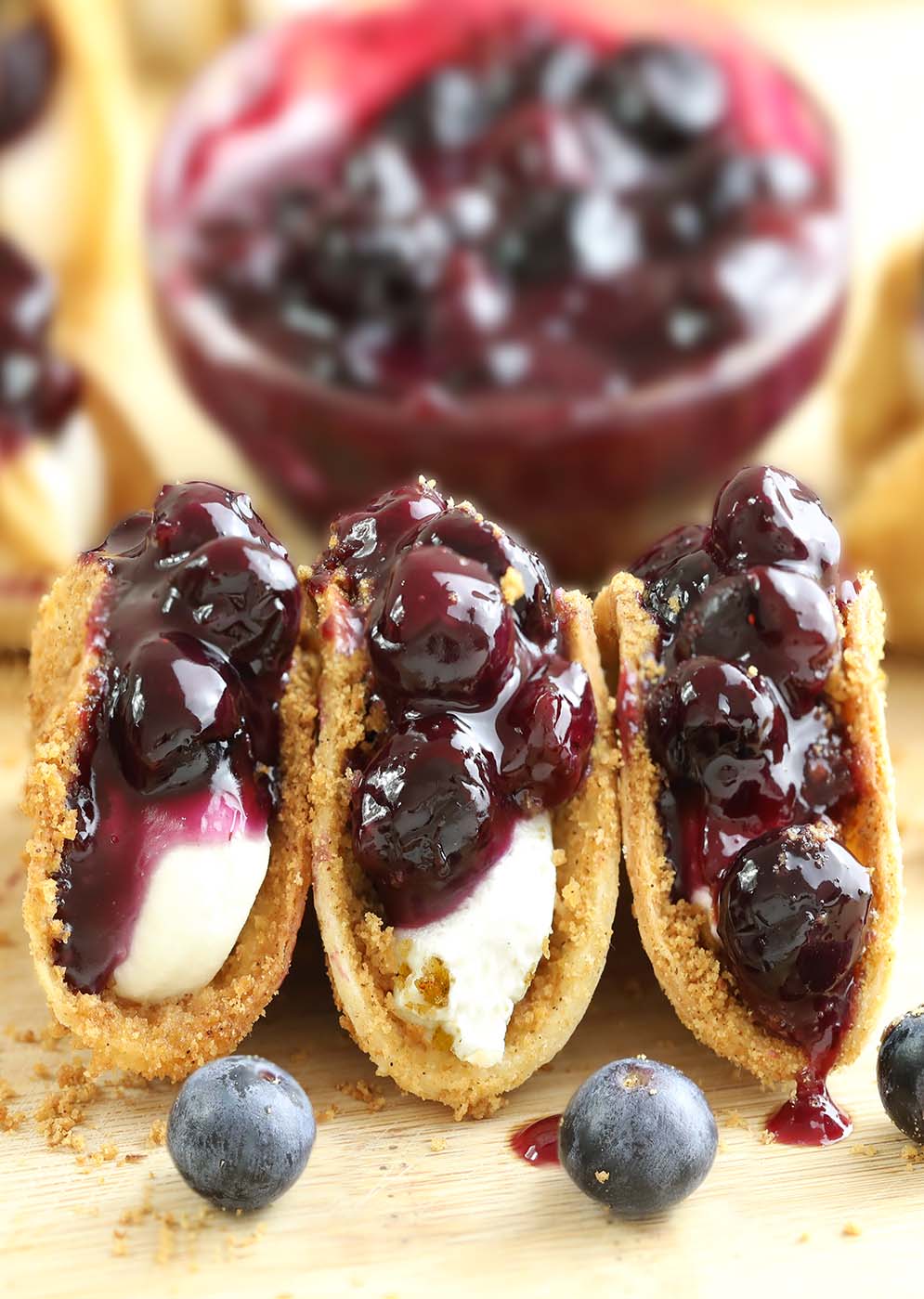 The perfect treat to bring as a party pleaser, and they couldn’t be easier. Crunchy baked tortilla shells, easy cheesecake filling, and homemade blueberry pie topping are simply perfect. You’ll be enjoying this awesome dessert in about 30 minutes.
