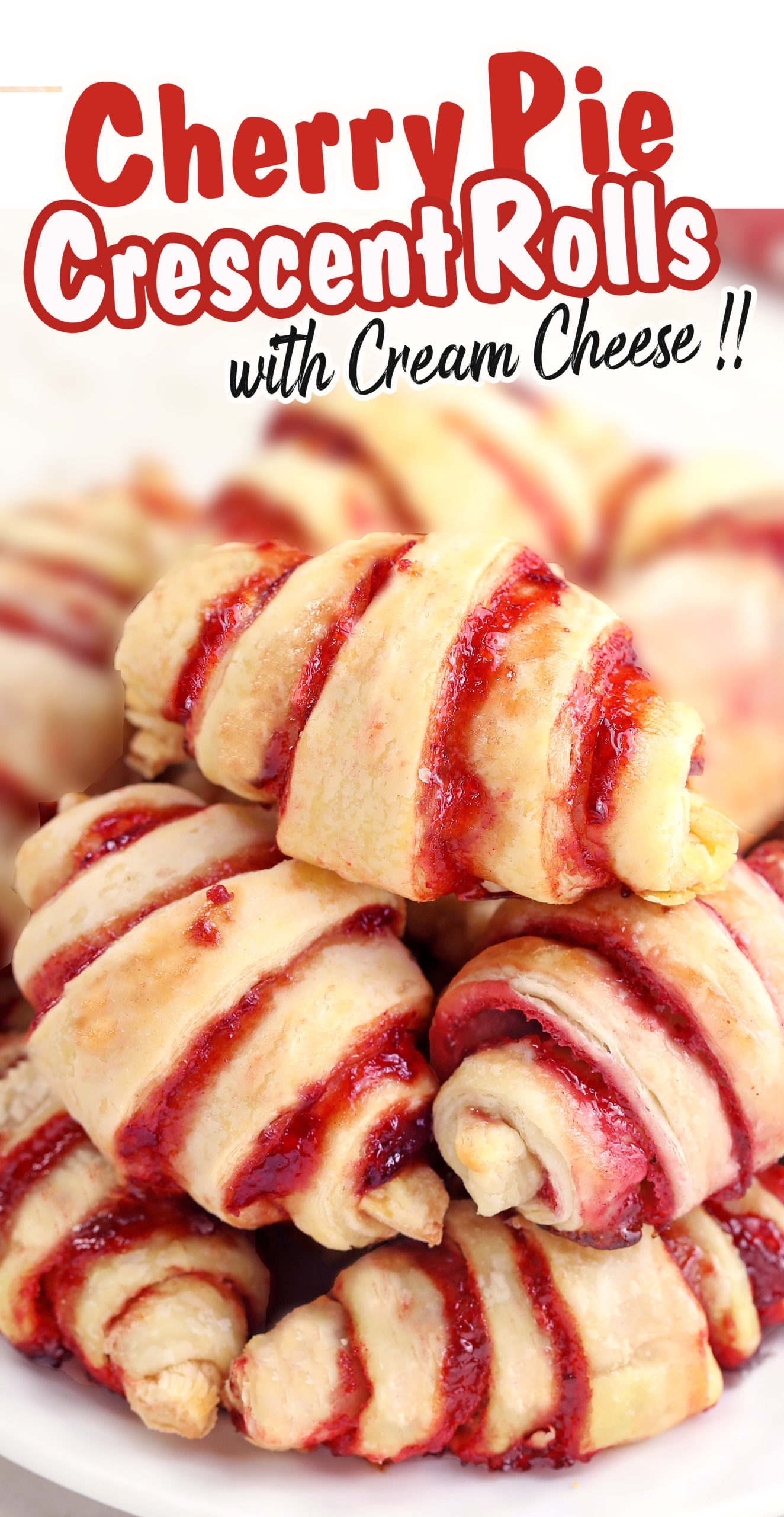 Mini Cherry Pie Crescent Rolls are so simple and so delicious… the perfect breakfast treat! It starts with refrigerated crescent rolls filled with cherry pie filling and cream cheese, then baked to perfection and topped with powdered sugar.