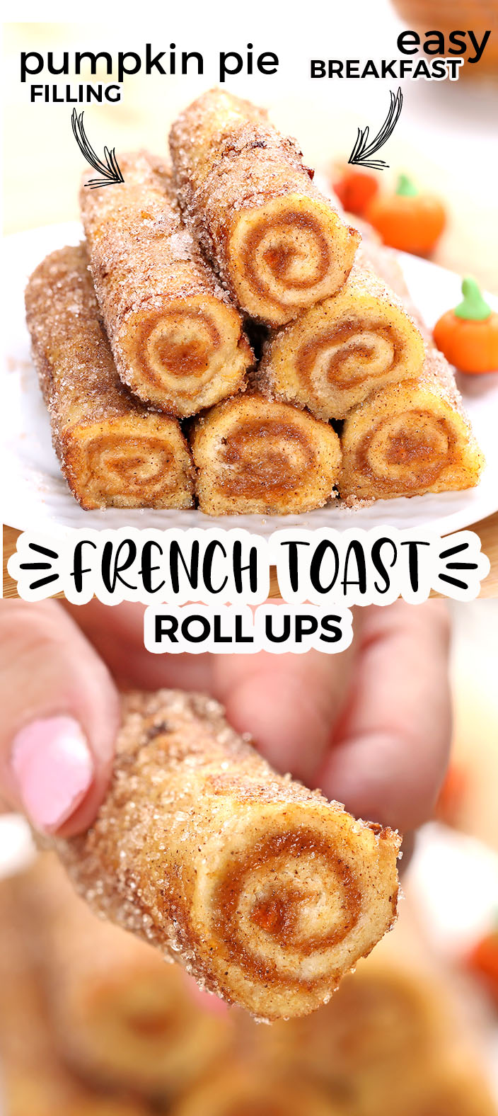 If you are in need of a pumpkin fix in your life, these Pumpkin Pie French Toast Roll-Ups will become a morning [and afternoon and evening] treat that the whole family will love!