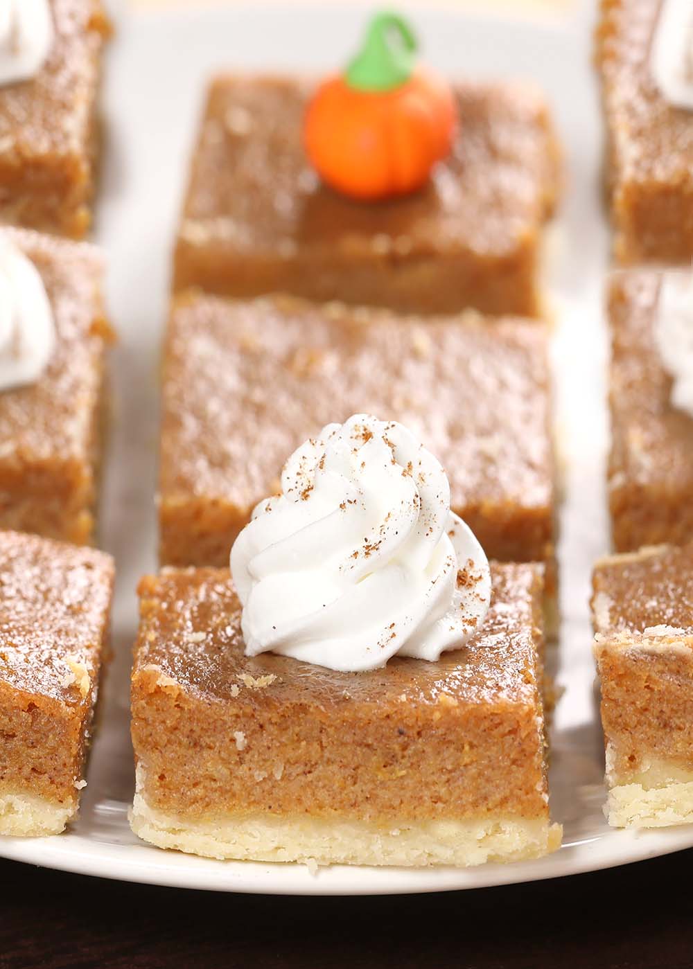 Easy Pumpkin Pie Bars are the perfect Thanksgiving or Halloween dessert for a crowd! Creamy homemade pumpkin pie on top of a buttery crust, top it with whipped cream or serve a la mode!