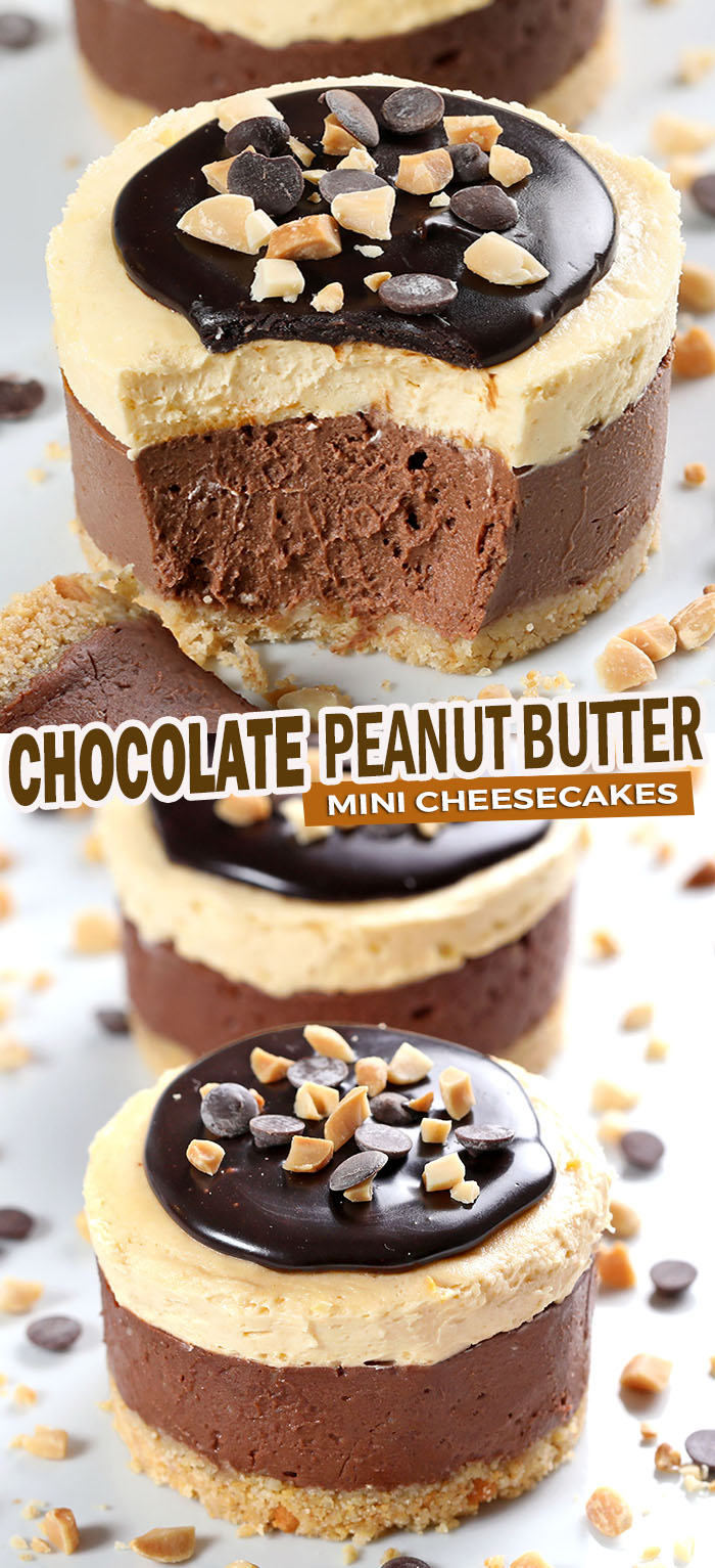 Chocolate Peanut Butter Mini Cheesecakes is an easy, no bake recipe that tastes like eating a gigantic peanut butter cup. A dream come true for peanut butter and chocolate lovers.