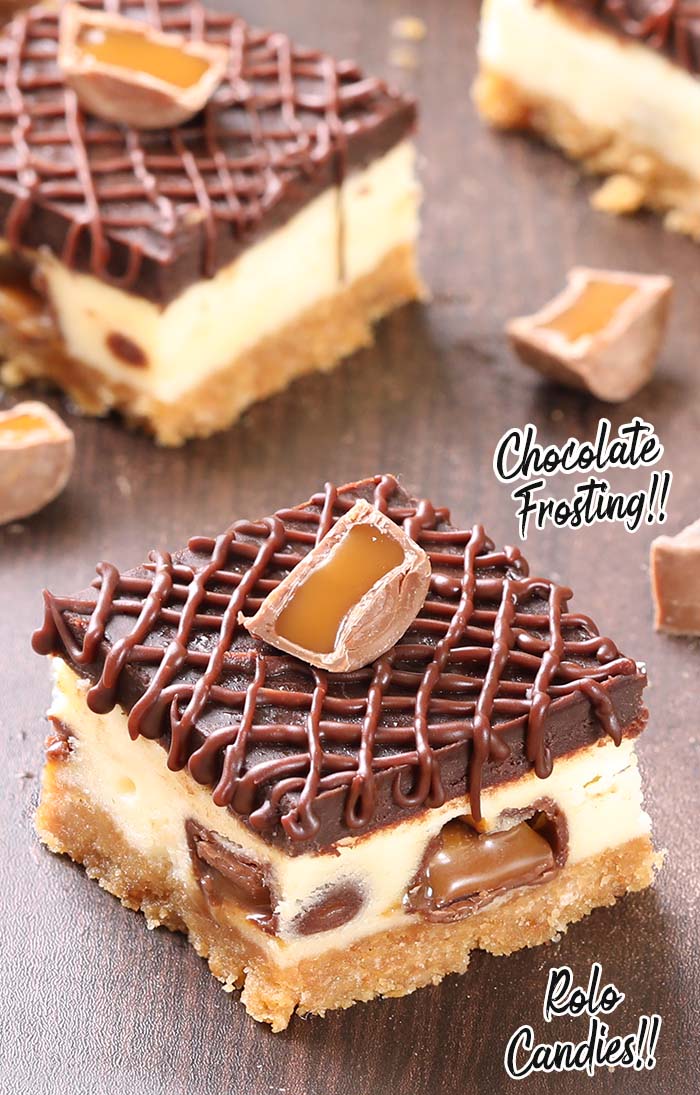 Cheesecake+Rolos=perfection! Creamy, chocolatey, and ooey gooey Rolo Cheesecake Bars filled with mini Rolos and topped with a layer of decadent chocolate.