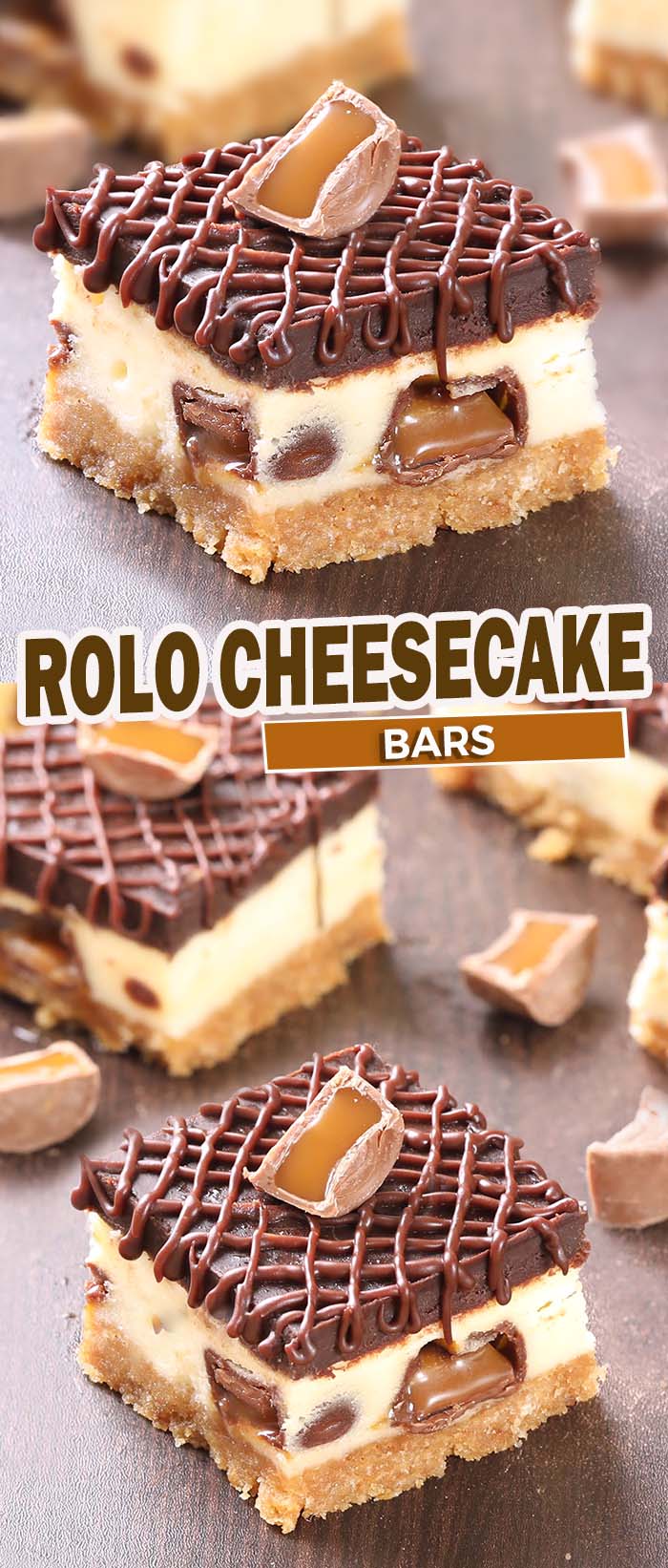 Cheesecake+Rolos=perfection! Creamy, chocolatey, and ooey gooey Rolo Cheesecake Bars filled with mini Rolos and topped with a layer of decadent chocolate.