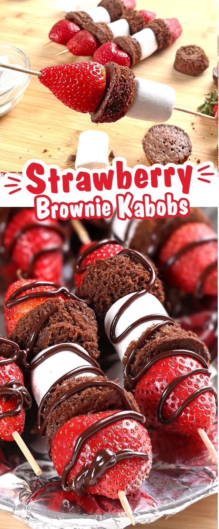 These Strawberry Brownie kabobs are perfect for Holidays, Baby showers, themed events, or any other time you get the hankering to stick brownie bites, marshmallows, and fruit on a skewer, and drizzle with chocolate. #holiday #4thJuly #babyshower