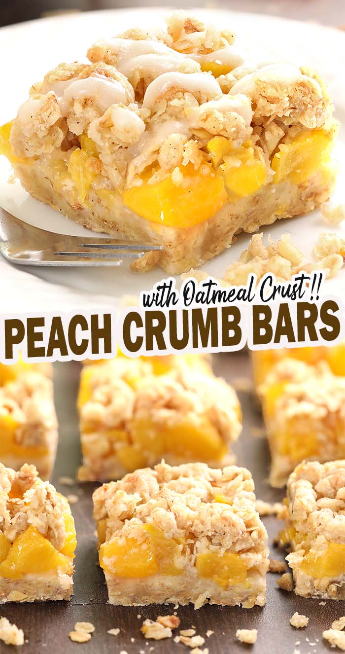 Peach Crumble Bars with Oats - Sweet juicy peaches topped with a buttery, cinnamon-y, crispy topping – a delicious taste of summer in convenient, shareable, handheld bar form. This simple, easy recipe can be adapted to any of your favorite fresh summer fruits!