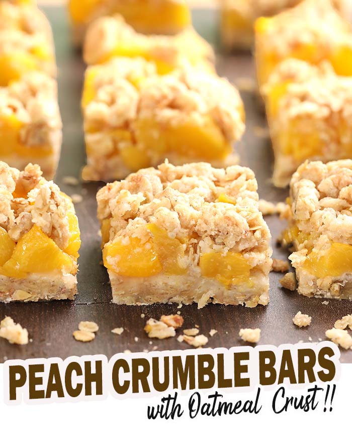 Peach Crumble Bars with Oats - Sweet juicy peaches topped with a buttery, cinnamon-y, crispy topping – a delicious taste of summer in convenient, shareable, handheld bar form. This simple, easy recipe can be adapted to any of your favorite fresh summer fruits!