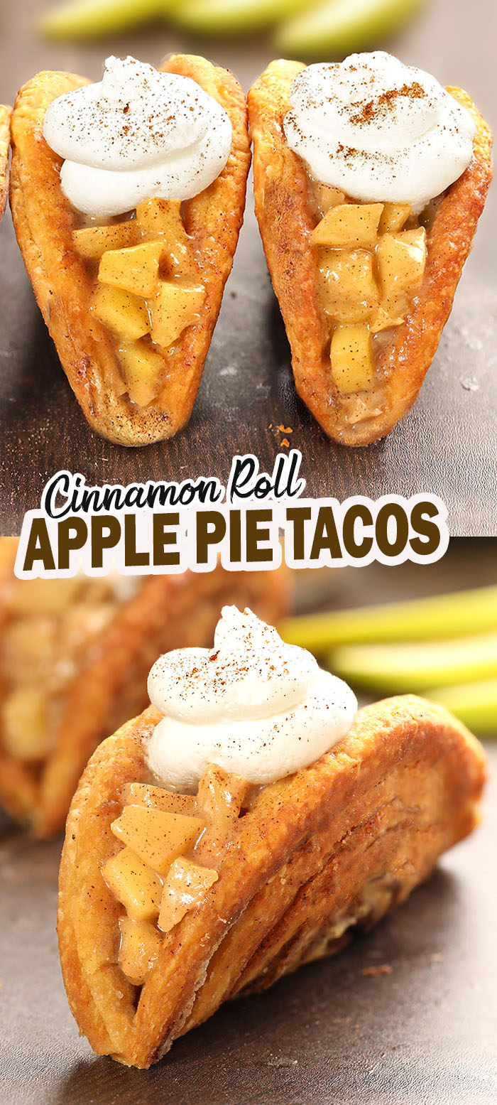 Apple Pie Cinnamon Roll Tacos - Warm, cinnamon-crusted cinnamon roll folded into a taco shape, filled with apple pie goodness, and topped with whipped cream. The most delicious apple and cinnamon taco combo EVER.