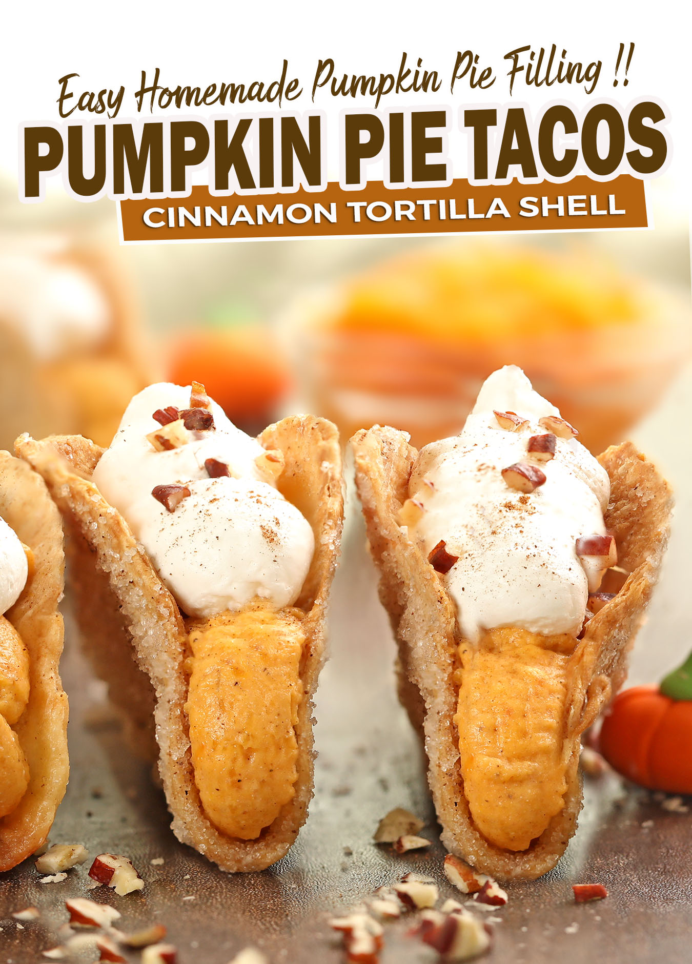 Pumpkin Pie Tacos is a quick and easy fall recipe and a delicious treat for Thanksgiving or Halloween. Taco shells are filled with a pumpkin filling and topped with whipped cream.