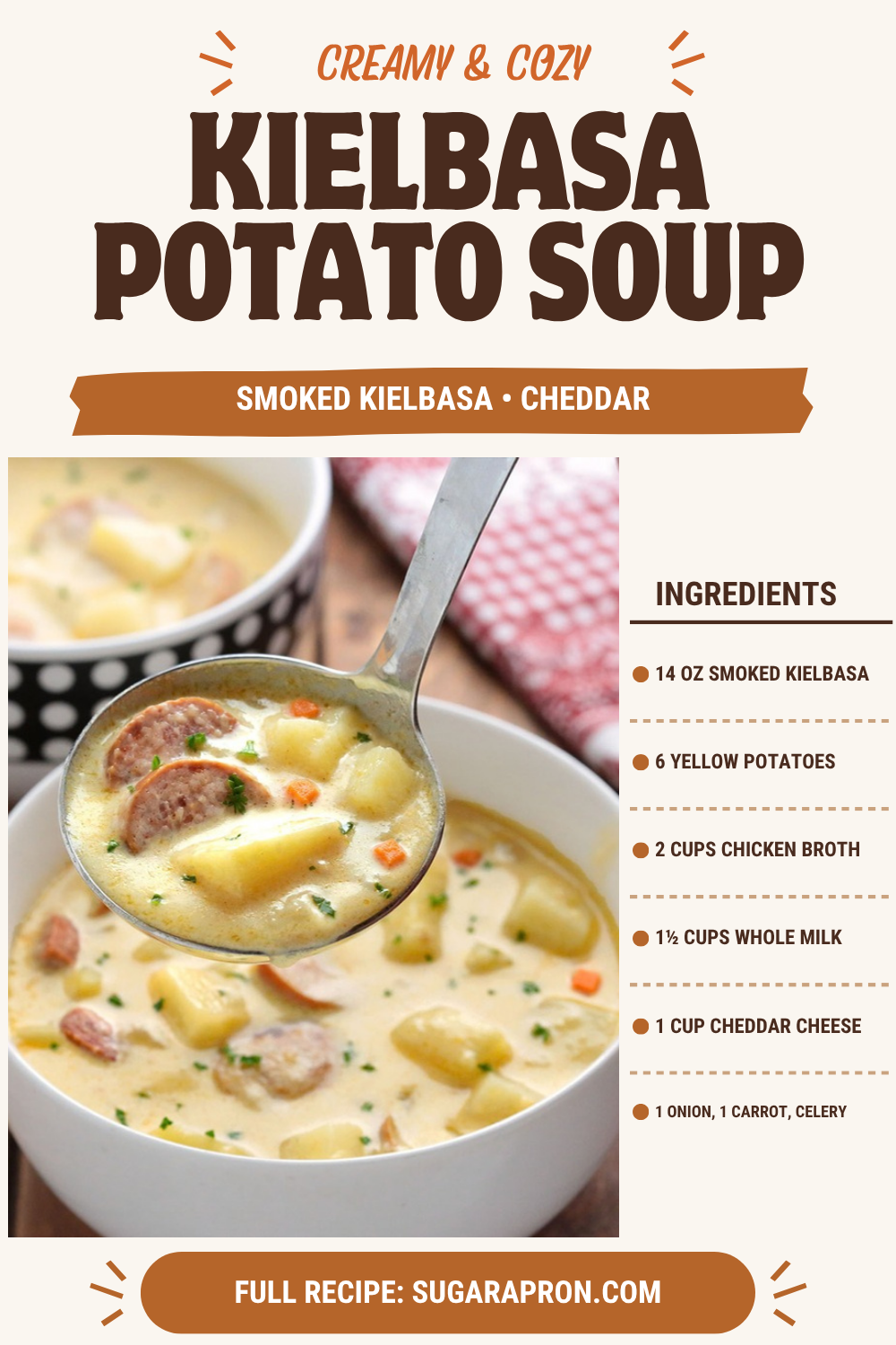 Spoon lifting creamy kielbasa potato soup from a white bowl